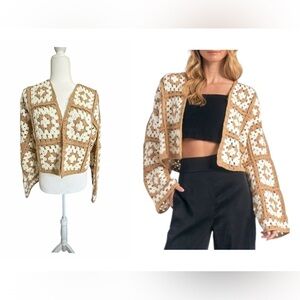 Elan Crochet Cardigan XS Tan White Granny Square Sweater Cropped Bloomingdale’s